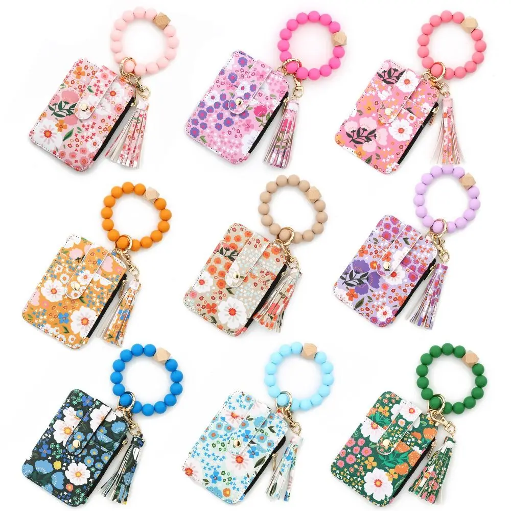 Portachiavi con braccialetto di perline in silicone dal design frammentato, stile Boho, modello floreale, portafoglio, portachiavi, decorazione con nappa