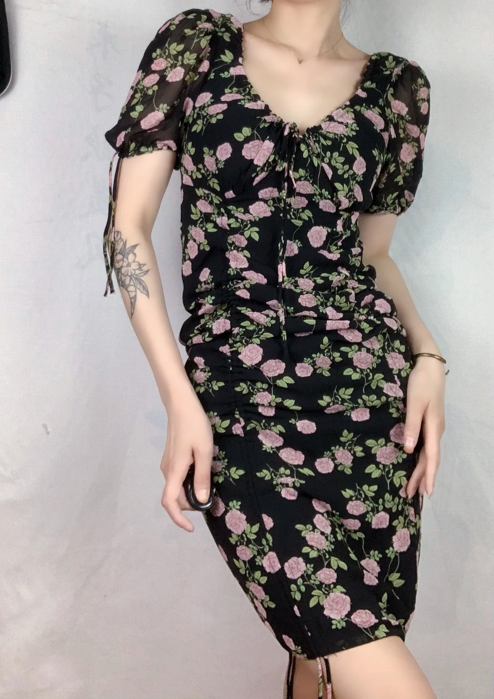 Summer 2020 Bla Pleated Bubble Sve Dr Street Sle Dstring Corded Slimming Versatile ort Dr Women's Faion