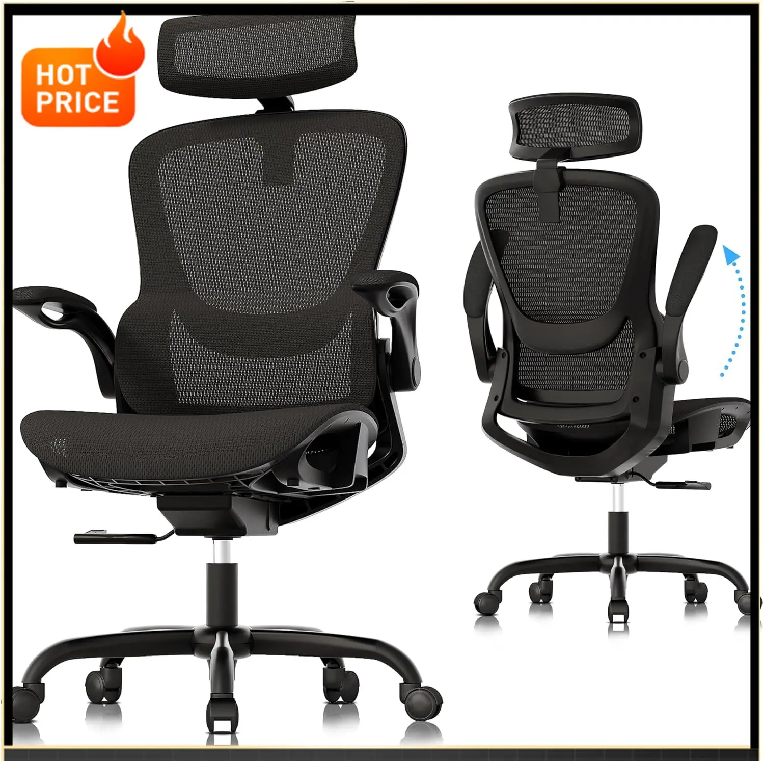 

Бестселлер: Эргономичное офисное кресло с сетчатой спинкой, регулируемое домашнее кресло для рабочего стола со складными подлокотниками, 2D-подголовником, мягким сиденьем и полиуретановой обивкой