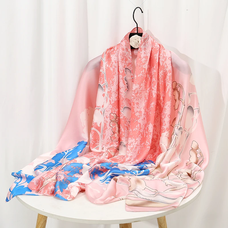 

Luxury Summer Silk Scarf Long Shawl Wrap Floral Printed Women Fashion Scarves Female Shawls Foulard Bandana Beach Neckerchief