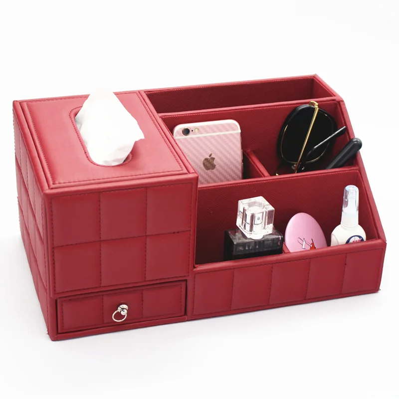 

Creative PU Leather Multi-Function Desktop Remote Control Tissue Storage Box Makeup Box