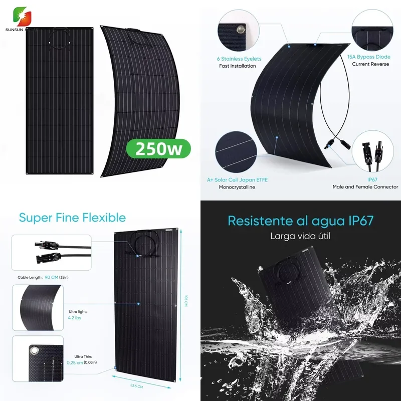 High Efficiency 250W Flexible Solar Panel Mono Cell ETFE Bypass Diodes IP67 for RV Marine Boat Car Roof Home Balcony System