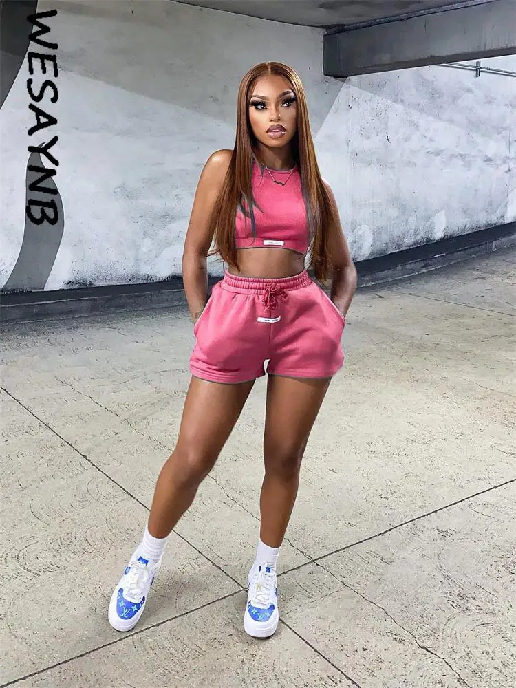 New in Matching Sets 2 Two Pieces Women Pants Sets Crop Tops Pink Tracksuit Sweatpants Activewear Workout Short Sets Outfits 