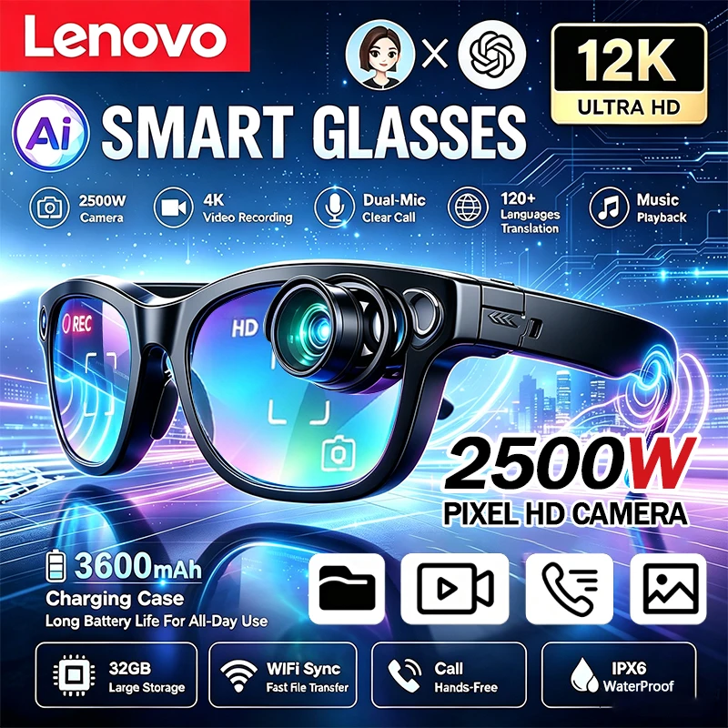 Lenovo AI Smart Glasses 2500W Control Camera 12K Shootings Translation Calling AI Chat Logging Music Men Women Smart Sunglasses