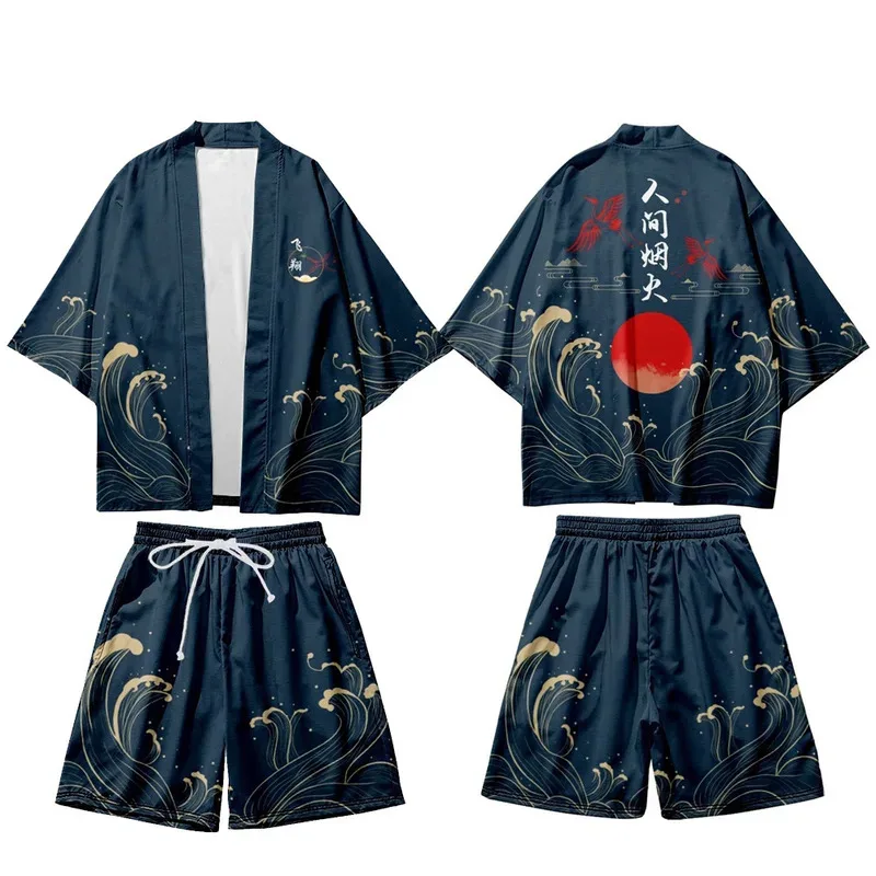 

qa156Plus Size 5XL Japanese Kimono Cardigan Shorts Set Print Tradition Yukata Haori Cosplay Costume Casual Satin Robe Streetwear