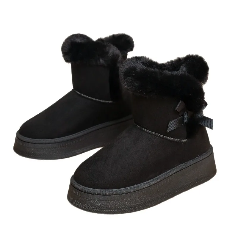

Women Boots Fashionable Bow Round Toe Elegant Snow Boots Winter Flat Wear-resistant Soft Students Plus Velvet Warm Women Shoes
