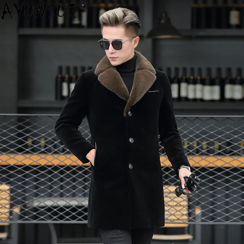 AYUNSUE Winter Real Mink Fur Collar Coat Long Warm Leather Jackets Casaul Thick Jacket for Men Style Sheep Shearing Clothes WPY