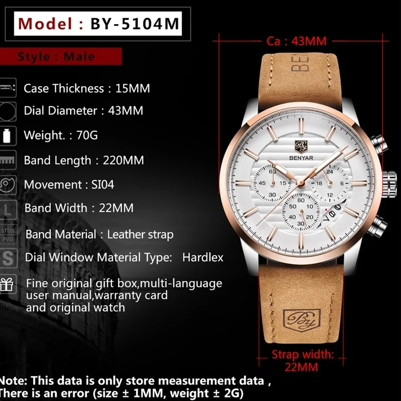 BENYAR 2024 New Top Fashion Sport Quartz Watches Men's Multi-Functional Waterproof Premium Leather Calendar Watch Relogio