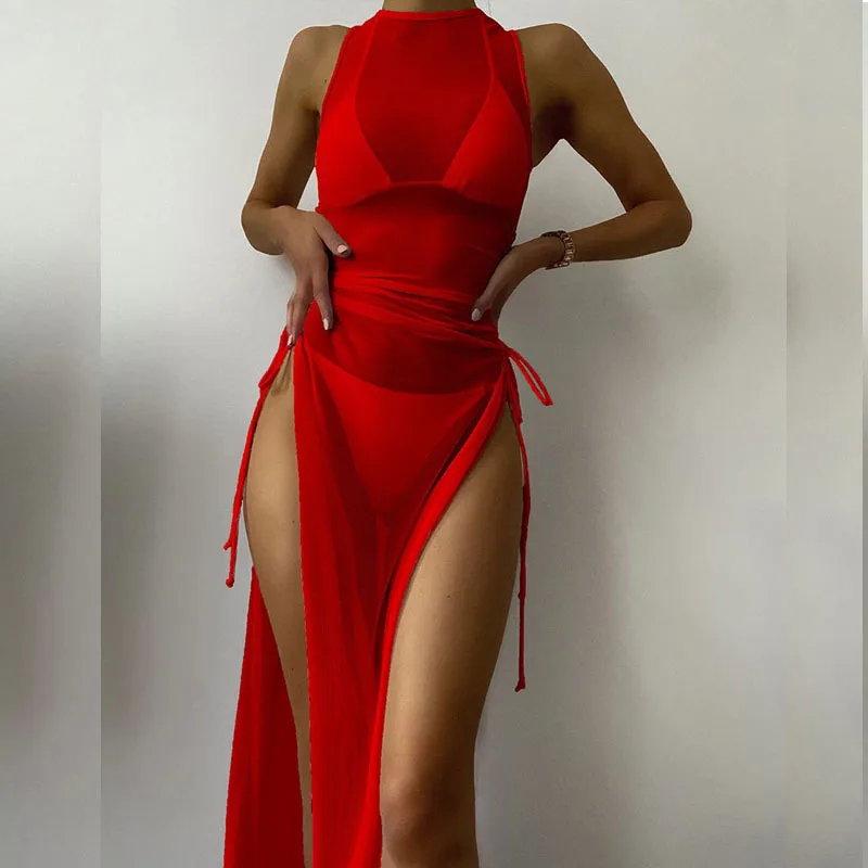 

2026 Women's 3 Piece Solid Red Micro Bikini Set Sexy Sheer Mesh Split Dress Cover Up High Waist Swimsuit Multi Colors Beachwear