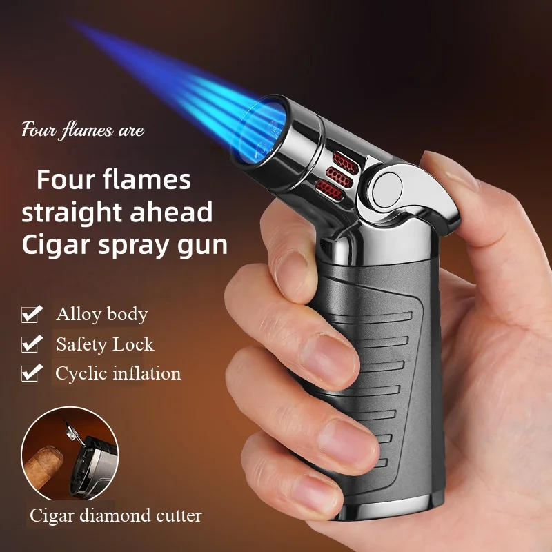 

Multi Functional Four Flame Straight Forward Cigar Spray Gun Portable Outdoor Windproof Kitchen Barbecue Cigar Ignition Gun
