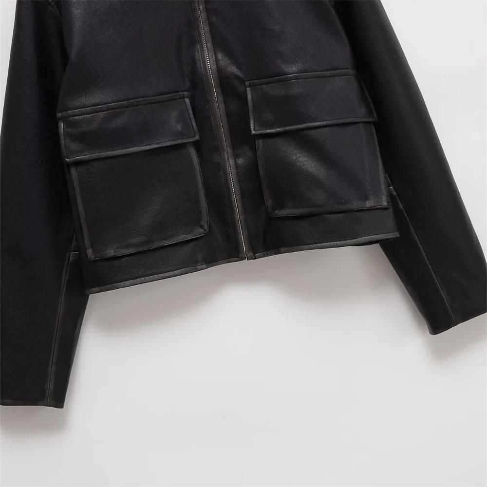 women's new casual pocket decoration lapel versatile patch bag leather PU leather jacket jacket jacket