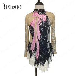 Sexy Women Girl Figure Skating Suit Sleeved Black Pink Performance Costume Rhinestone Mesh Ballet Dance Costume Gymnastics Tight