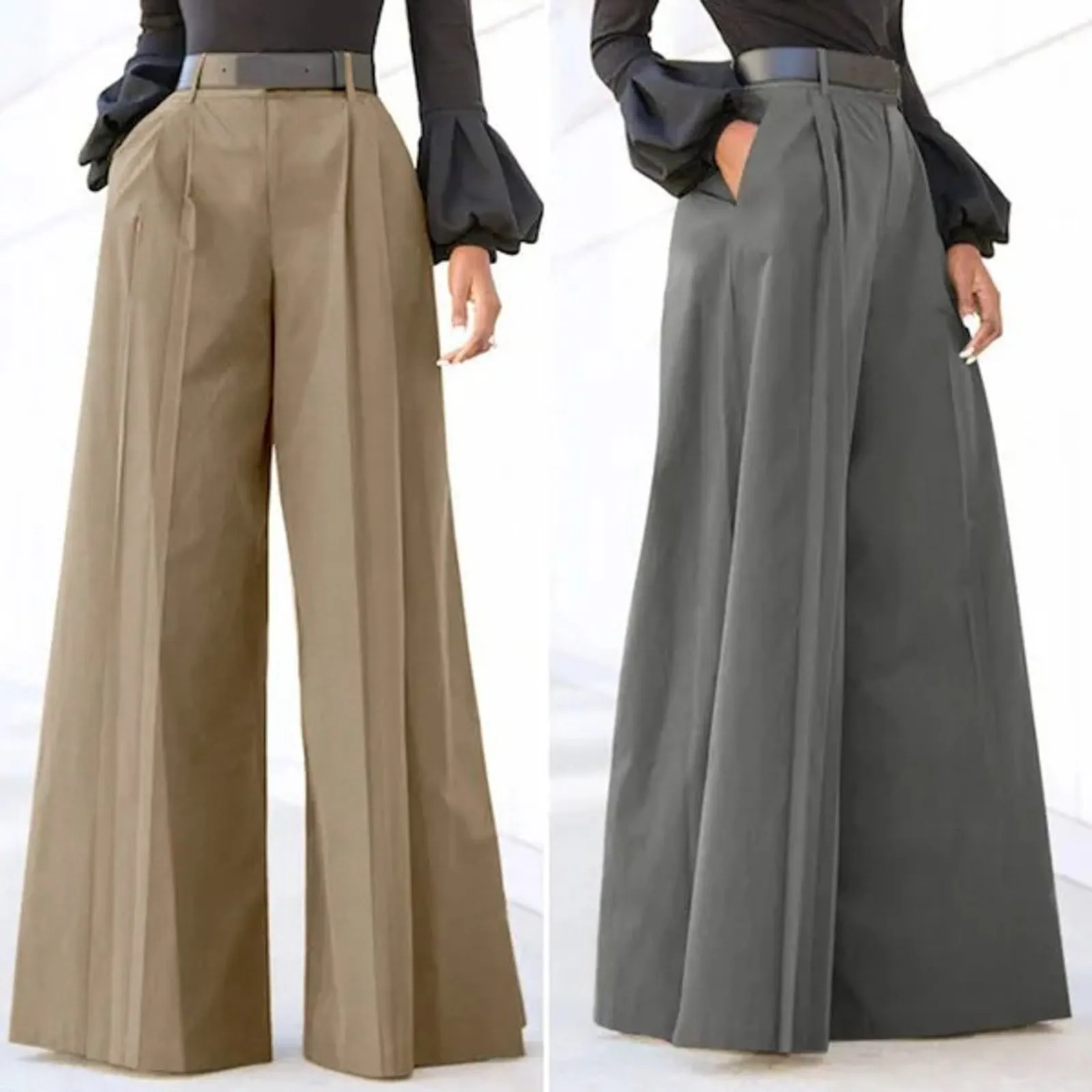 Fashion Elegant Party Pants For Women Palazzo Pants Summer Solid Color Cropped Cotton Linen Comfy Baggy Trousers With Pockets