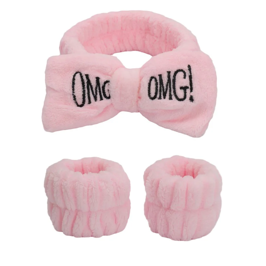 3pcs/set Cute Soft Coral Fleece Wrist Washband Bow Headband For Women Girl Wash Face Bath Absorb Water Hairband Hair Accessories