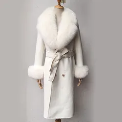 Real Fox Fur Collar Women Long Wool blended Coat Long Sleeve With Fox Fur Cuff Fashion Slim Female Winter Cashmere Jacket