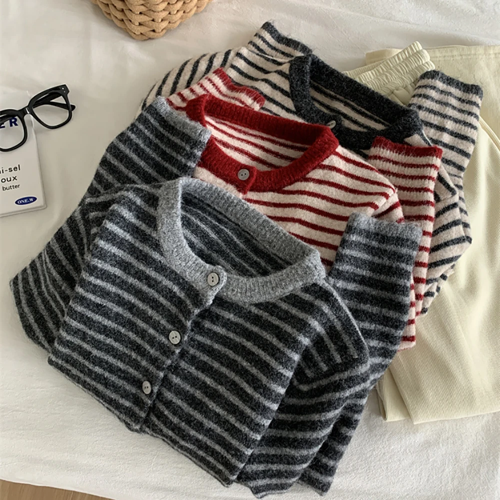 Casual Gestreifte Gestrickte Strickjacken Frauen Herbst Winter Kontrast Farbe Oansatz Einreiher Pullover Mäntel Weiche Alle-Spiel Pullover