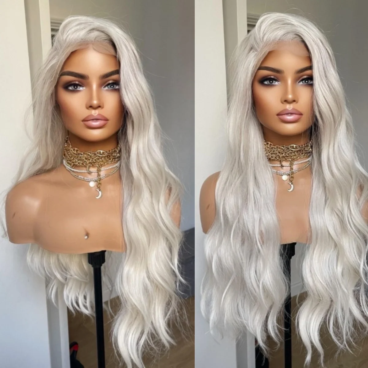 

Long Water Wave Lace Front Wig Ash Grey Platinum Blonde Synthetic Wigs For Women High Quality Trendy Cheap Wigs Female Clearance