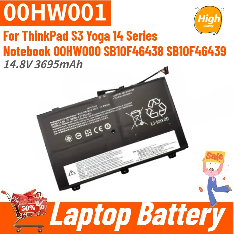 

00HW001 High Quality Laptop Battery 14.8V 3695mAh For ThinkPad S3 Yoga 14 Series Notebook 00HW000 SB10F46438 SB10F46439