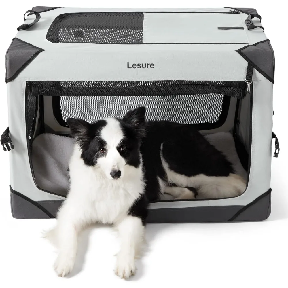 

Lesure Collapsible Dog Crate - Portable Dog Travel Crate Kennel for Large Dog, 4-Door Pet Crate with Durable Mesh Windows