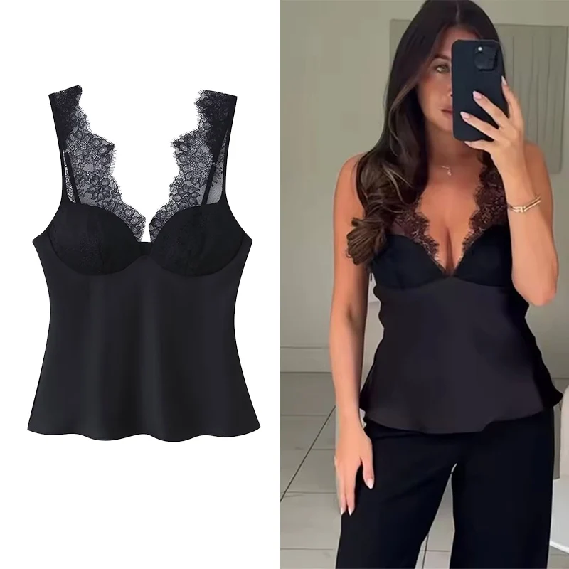سترة نسائية أنيقة مرقعة من الدانتيل بدون أكمام وفتحة رقبة شكل v عميقة وخصر نحيف سترات للحفلات لصيف 2026 سترات نسائية جديدة للشارع