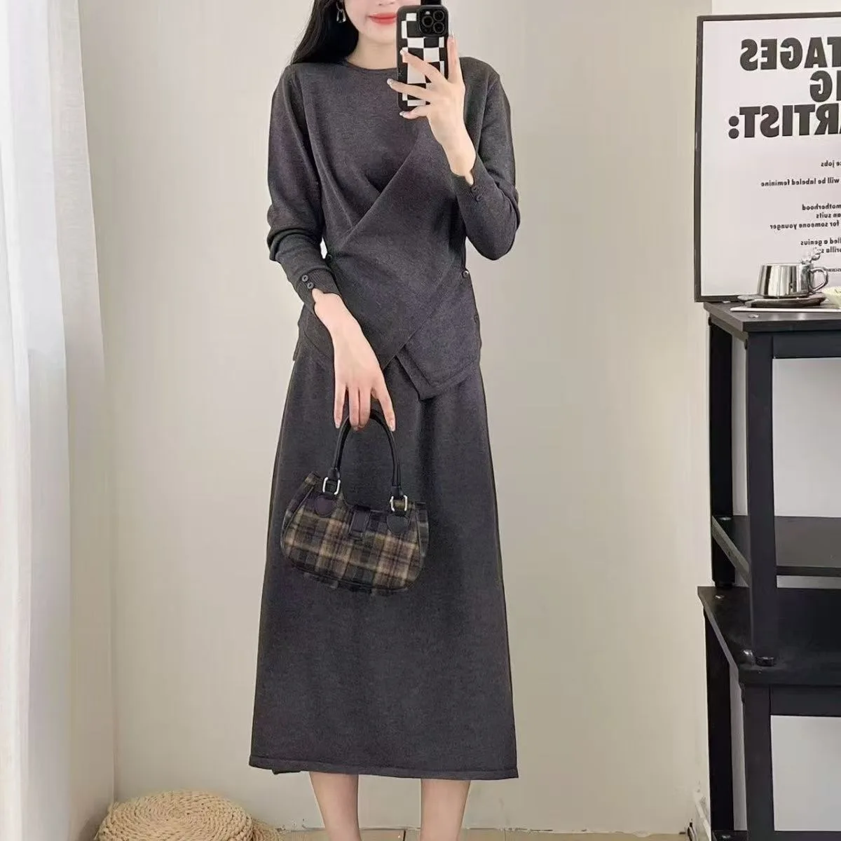 

Women's Skirt Set Minimalist Knit Sweater Tops Asymmetric Cross Ruffles Elastic-waist Slim Midi Skirt Korean Casual Ensemble