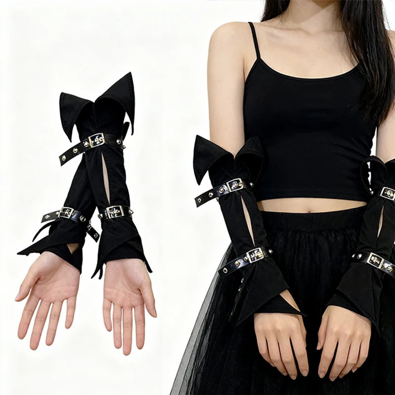 ゴシックスリーブカバー女性用パンク原宿忍者ソリッドブラックアウトスリーブ-y2k-ガール中空クールストリートウェア不規則なグローブ-2025