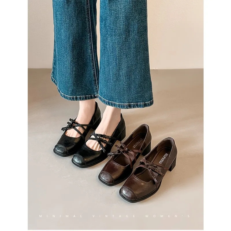 Spring New French Retro Style Square Head Silent Mary Jane Shoes Women's Cross with Bow Gentle Thick Heel Single Shoes