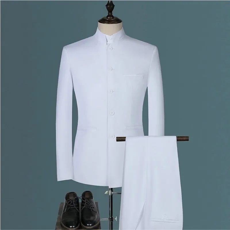 Conjunto de trajes para hombre (chaqueta + pantalones), nueva Boutique de moda con cuello levantado, trajes ajustados de estilo chino, ropa de boda de dos piezas para hombre 2024