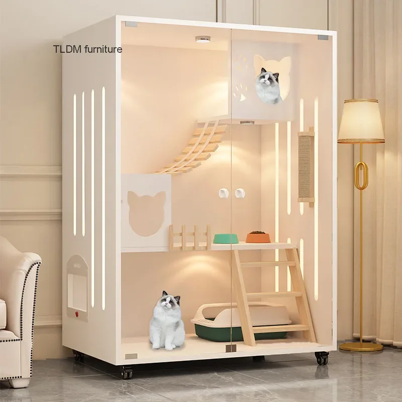 

Cream-style Cat Cage for Pet Shop Density Board Cat House Double-layer Large Space Glass Door Light Luxury Simple Cage for Cats