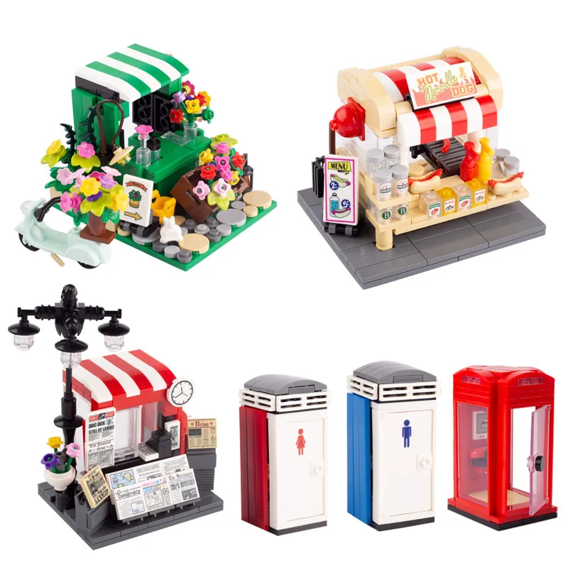 MOC City Series Scene Building Blocks Flower Shop Garden white poplar Men\'s restroom DIY Kids Toys Park Bench Street Lamp Toys