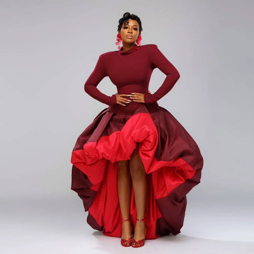 جديد كوتور عنابي أحمر 2 لون فساتين حفلات التفتا فستان حفلة أنيق مع كم كامل فساتين نسائية طويلة مصنوعة حسب الطلب