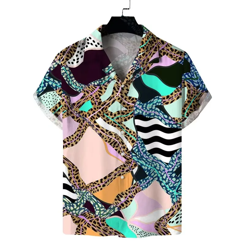 Color Blocking Starfish Shell Printed Short Sleeved Shirt for Men, Loose and Comfortable Vacation Shirt