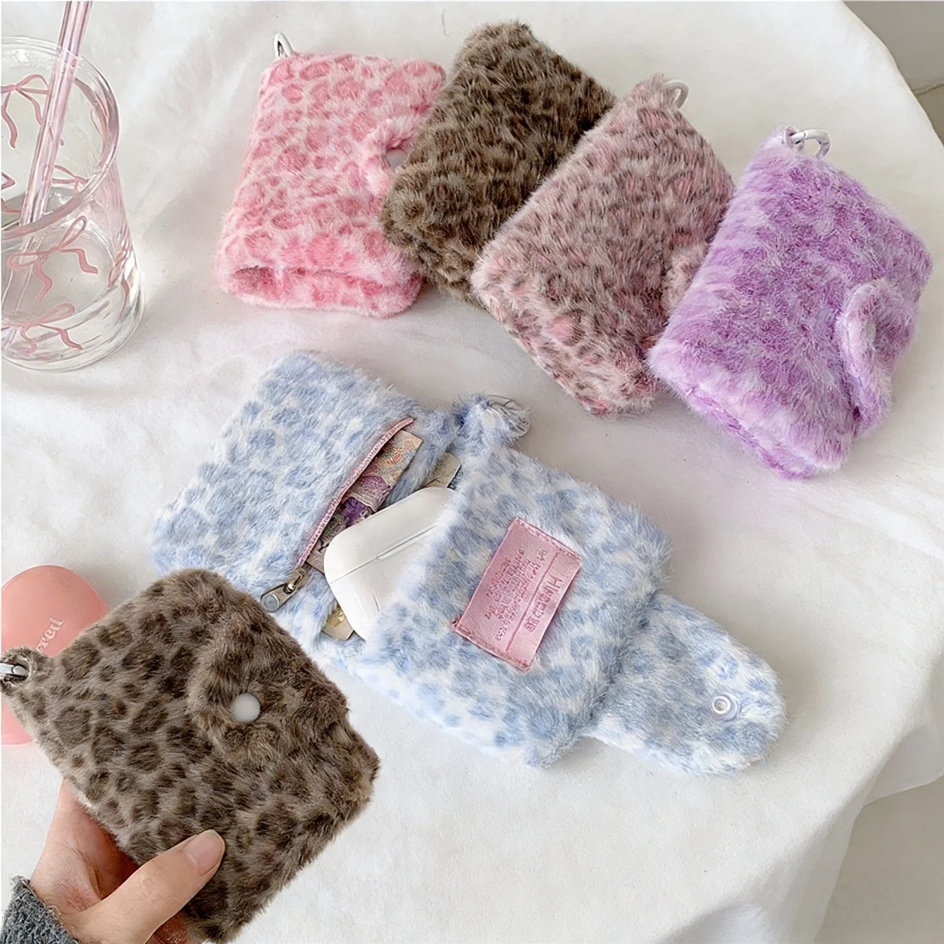 Niedliche Plüsch-Schnappkartentasche mit Leopardenmuster für Mädchen, Mini-Aufbewahrungsbrieftasche, Münzgeldbörse, Anhänger, Kopfhörertasche, Damengeschenke
