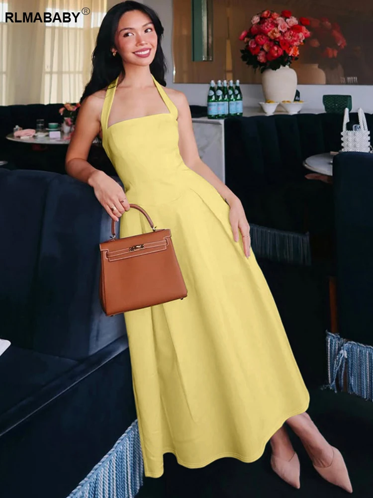 RLMABABY Sexy elegantes Neckholder-rückenfreies A-Linien-langes, figurbetontes Kleid, schlankes, ärmelloses, lässiges Party-Rosa-Kleid mit mittlerer Wade