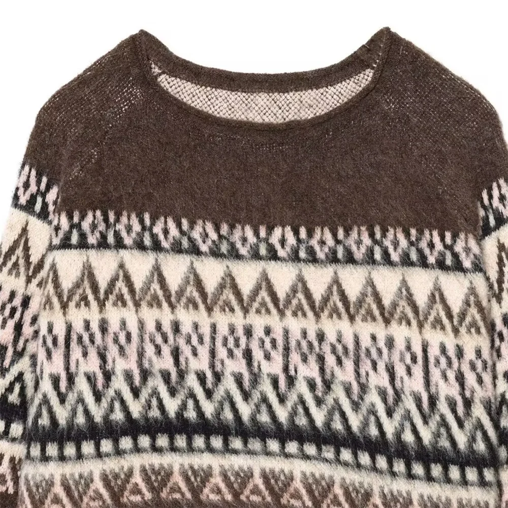 الخريف والشتاء المرأة الجديدة الرجعية فضفاضة جولة الرقبة طويلة الأكمام بالفرشاة تأثير الجاكار محبوك قميص