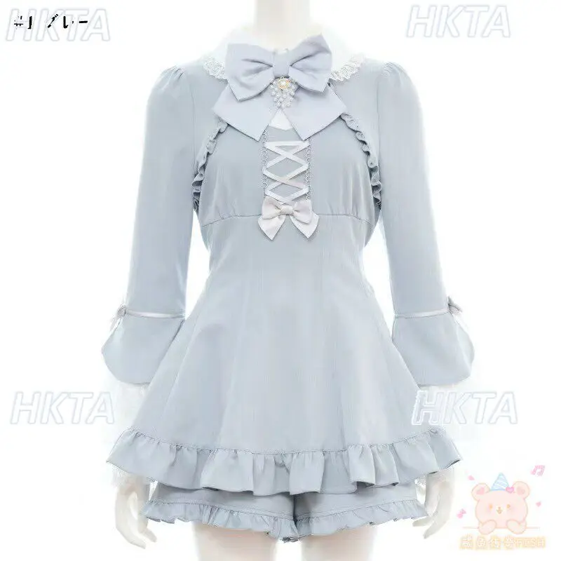 

Japanese Mass Produced Dress 2026 Spring Sweet Bow Petals Long Sleeved Straps Lace Pleated High Waist Dress Shorts Set Women