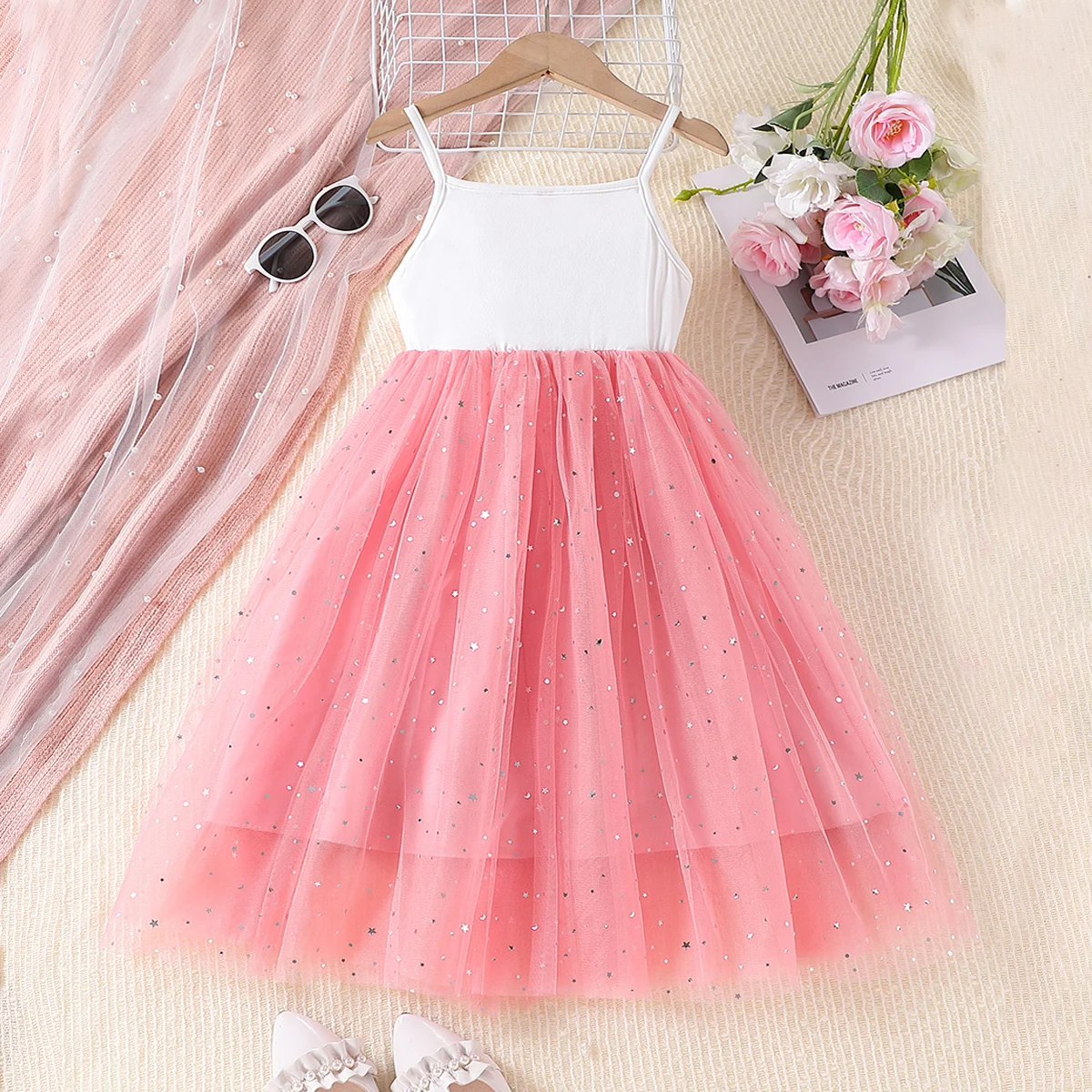 Summer Girls Princess Dress Kids Sleeveless Rock Music Print Sequined Tulle Clothes Children Party Holiday Long Dress For 5-12Y