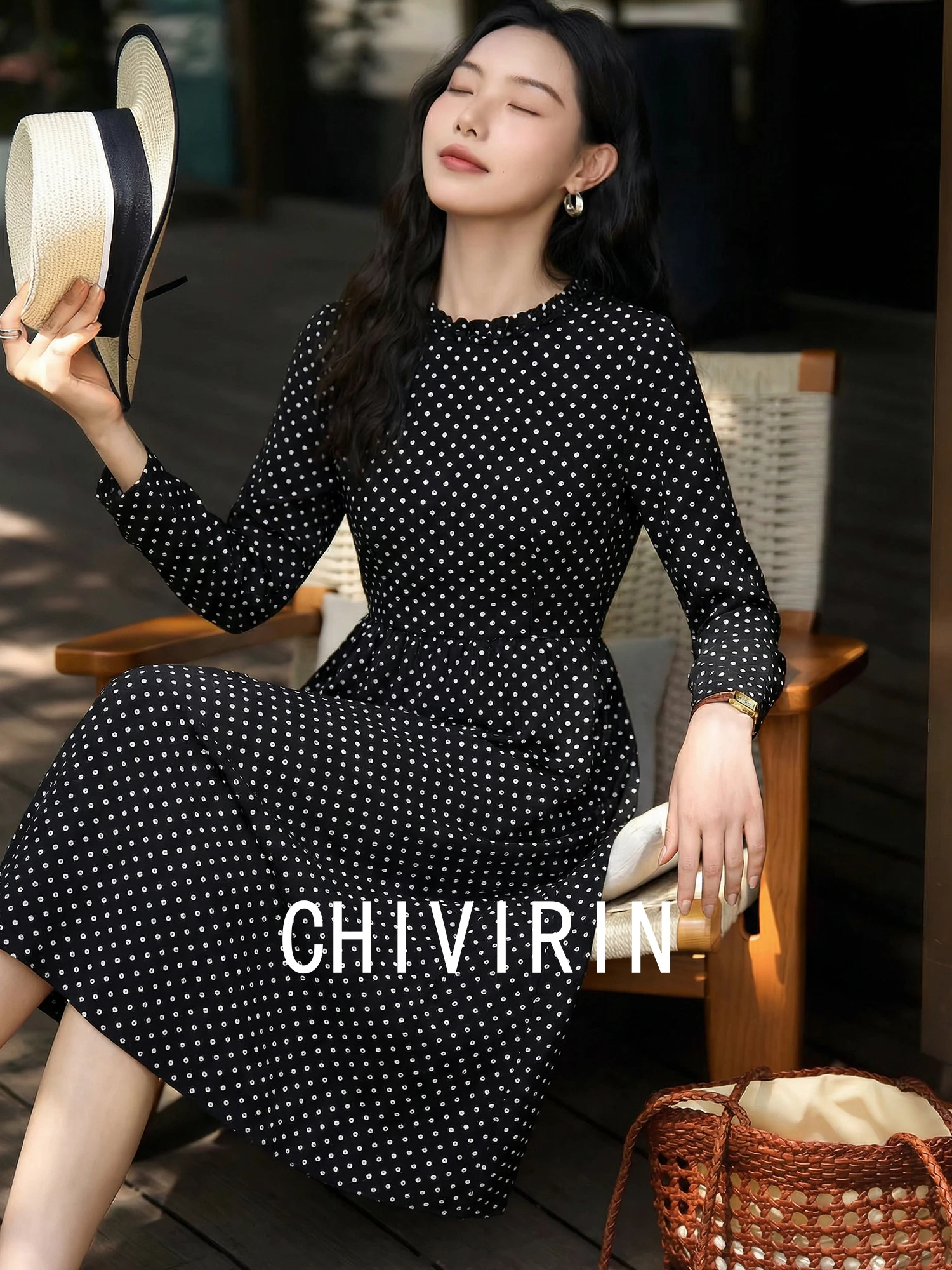

Retro Polka Dot Long Sleeve round Neck Dress Women's Spring Waist Cinched High End Feeling Black Dress Chivirin Ladies Skirt