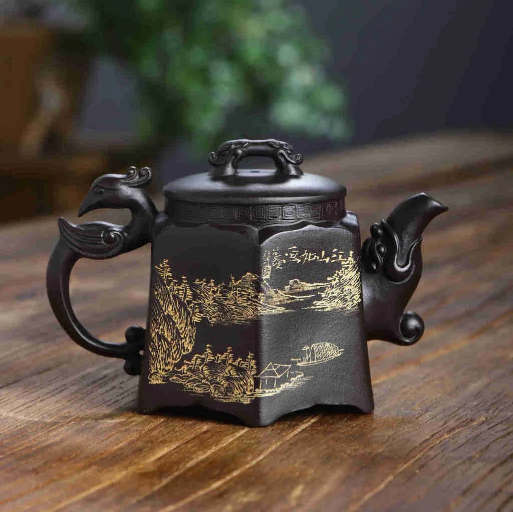 Yixing Zisha Clay Teapot Set Hand-Carved By Famous Artisans Made From Pure Yellow Ore Featuring The Dragon And Phoenix Motif