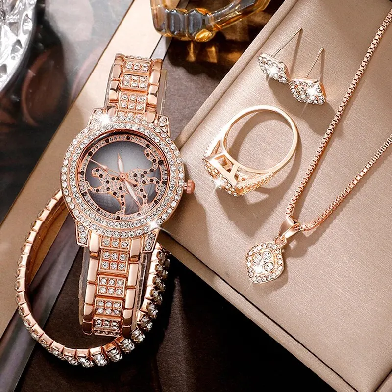 Women Quartz Watch Fashion Bling Casual Ladies Watch Female Watches Crystal Diamond Leopard For Women Clock Jewelry Set