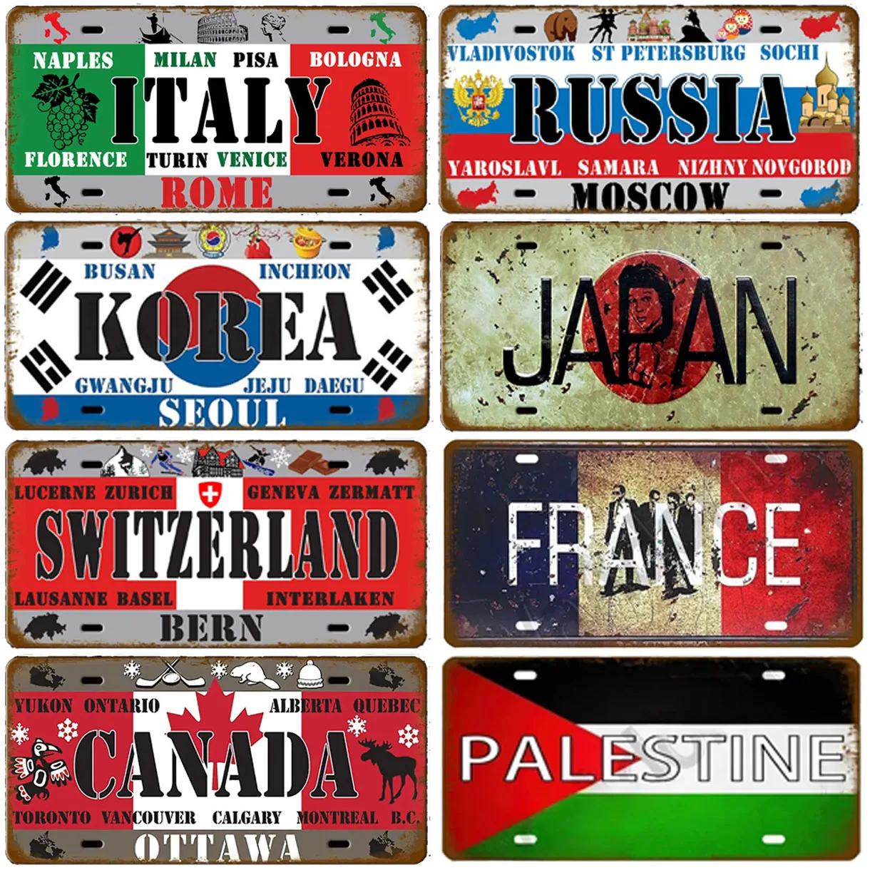 Italy France Russia Korea Metal Tin Signs Vintage Plaque Auto License Plate Embossed Tag Garage Bars Pubs Clubs Home Wall Decor