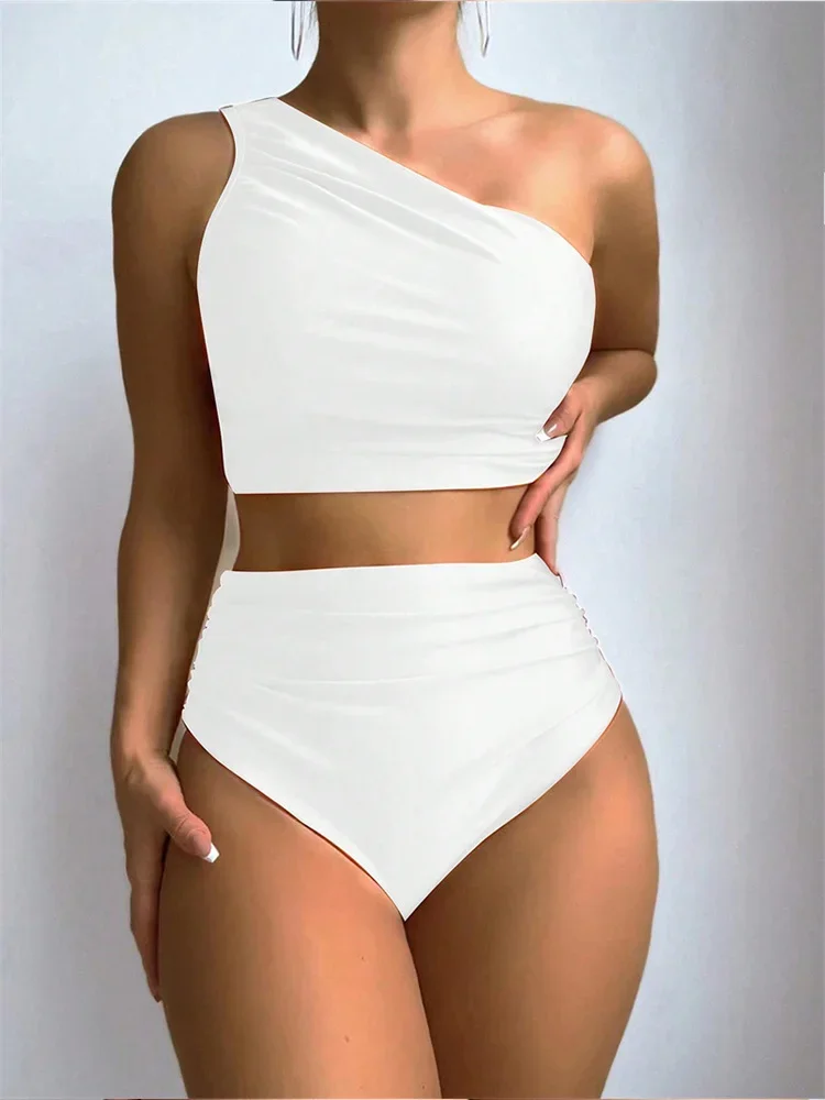 Bikinis sexis de un hombro para mujer, conjunto de 2 piezas, traje de baño dividido, Bikinis de playa de cintura alta, nuevo traje de baño de verano 2025, conjunto de Bikinis
