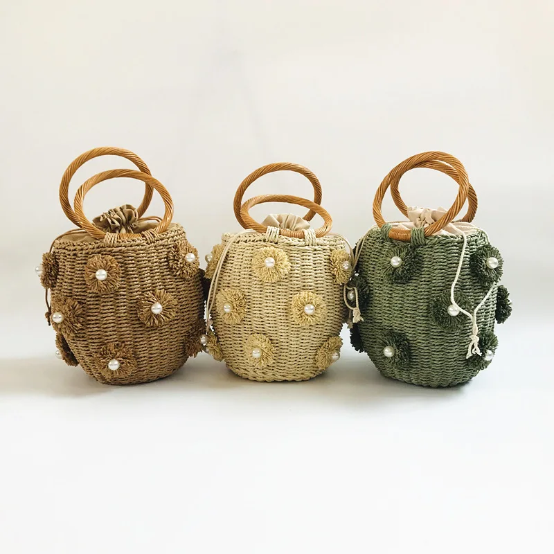 

Woven Bucket Bag Women's Fashion Handbag Flower Straw Top-Handle Bags Pearl Woven Three-dimensional Bucket Bag