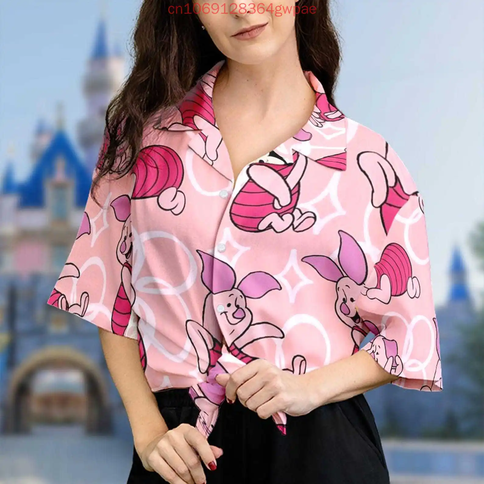 قميص ديزني ويني ذا بوه بيجليت النسائي كاجوال بأكمام قصيرة قميص هاواي صيفي كارتوني أنيق لقضاء العطلات على الشاطئ