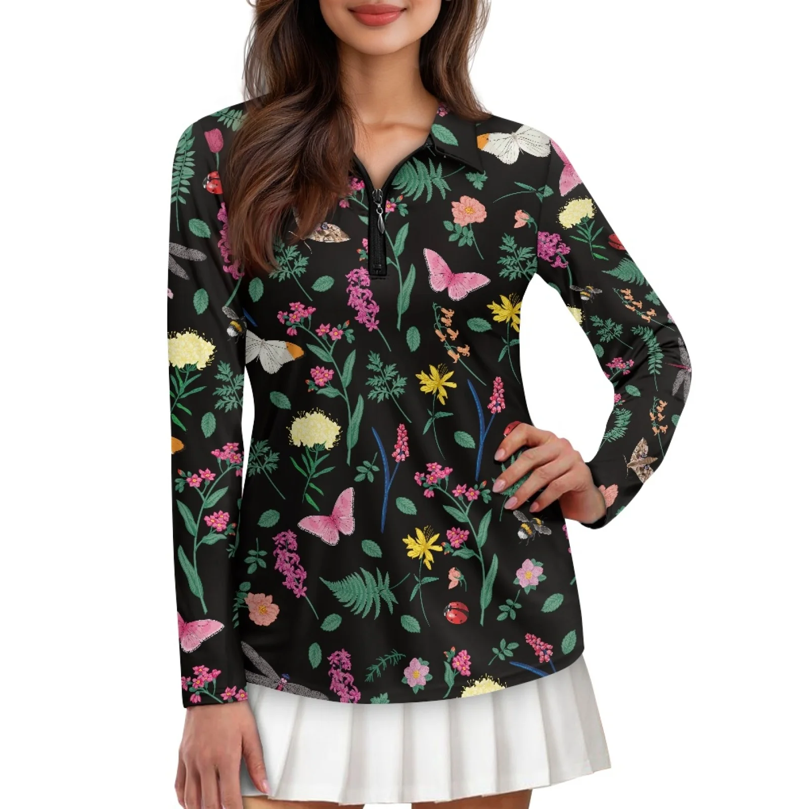 PENSTROLL Butterfly Floral Womens Plus Size Running Polo Shirts Quick Dry Athletic Polo Shirts for Golf Course