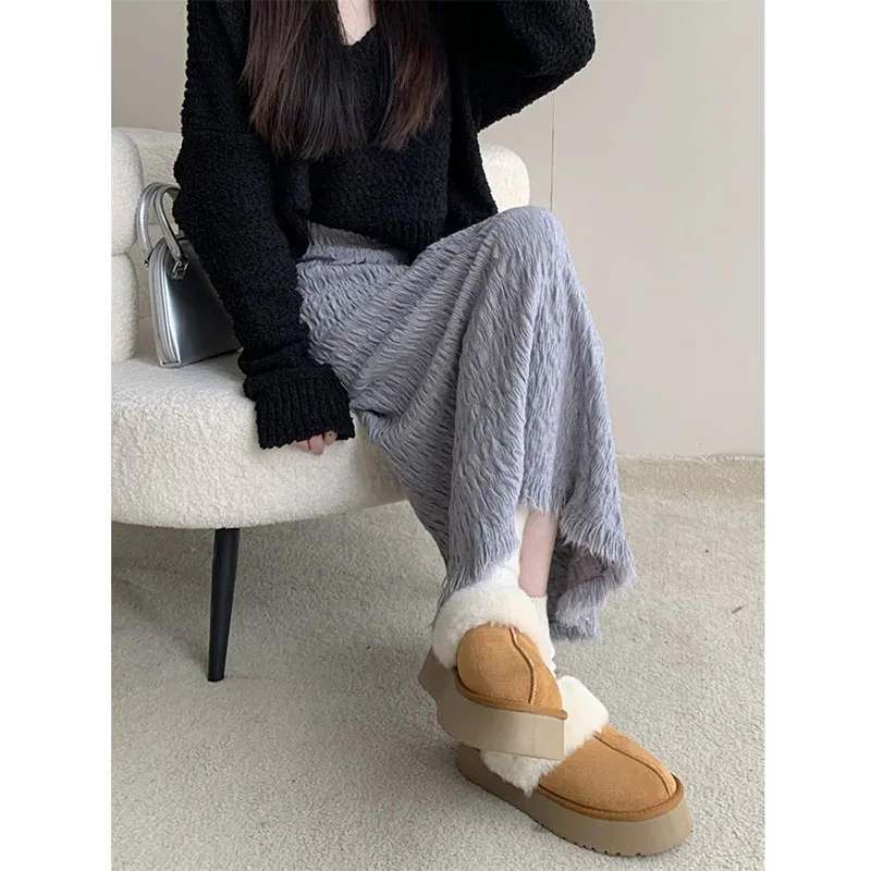 Vintage gebreide rokken voor dames mode streetwear hoog getailleerde ruwe rand a-lijn rokken vrouw veelzijdige losse effen lange rok