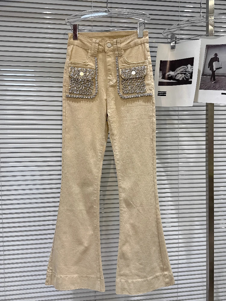 

2025 New Jeans Autumn Fashion Street Bell Pants High Quality Rhinestone Beaded Pocket Design khaki Denim Pants Women Clothing