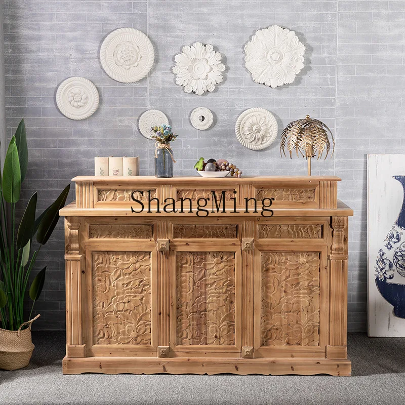 

SM new Chinese-style retro solid wood bar counter, shopping mall cashier health foot bath, tea house small carved counter