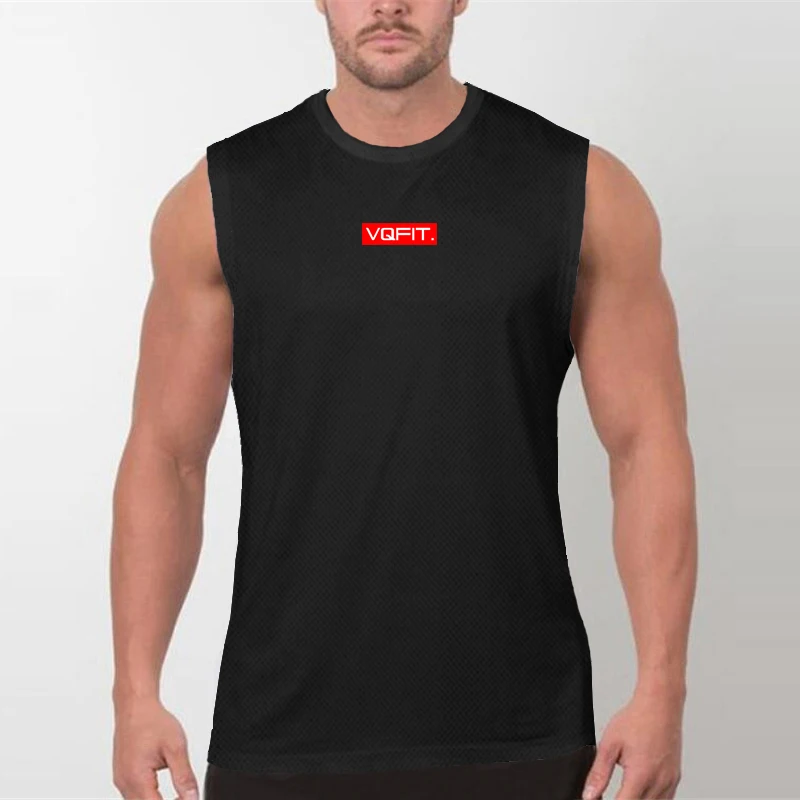Men's Sleeveless Running T-shirts with Big Logo Quick-drying Mesh Breathable Vest Round Neck Sports Shirt Sportswear Jogging Gym
