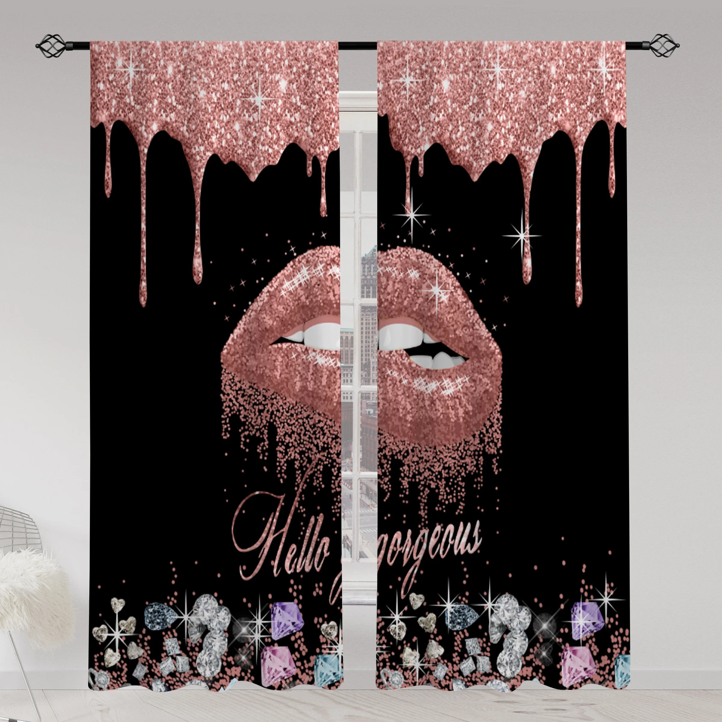 Hello Gorgeous Pink Glitter Lips Curtain Black Background Decorative Window Curtain for Bedroom Living Room Home Decor